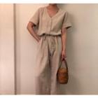 V-neck Short-sleeve Jumpsuit Light Khaki - One Size