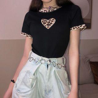 Short-sleeve Leopard Print Panel T-shirt Black - One Size
