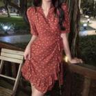 Short-sleeve Floral Print Mini A-line Dress Tangerine & Red - One Size