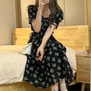 Square Neck Bow Print Midi A-line Dress