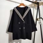 Sailor Collar Woolen Medium Long Jacket Black - One Size