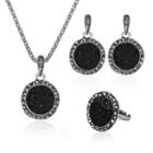 Set Of 3: Rhinestone Disc Pendant Necklace + Dangle Earring + Ring X733 - Silver - One Size