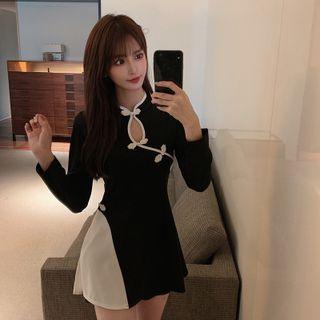 Set: Long-sleeve Mandarin Collar Mini A-line Dress + Shorts