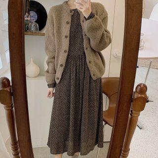 Plain Cardigan / Long-sleeve Floral A-line Midi Dress