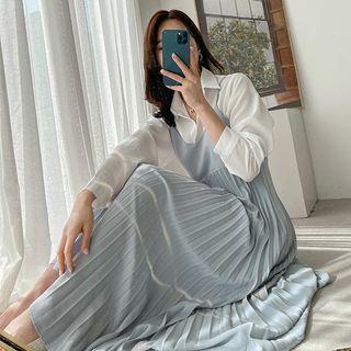V-neck Pleated Maxi Overall Dress
