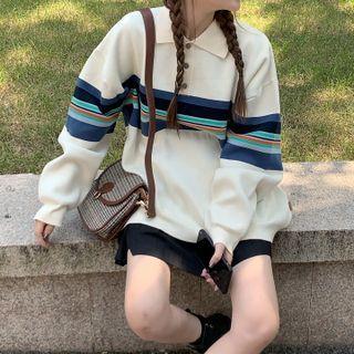 Striped Polo Sweater Beige Almond - One Size