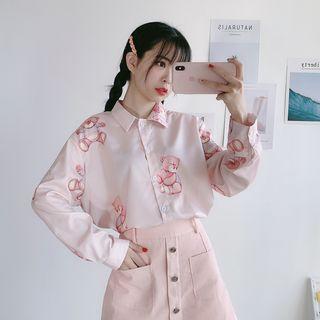 Bear Print Shirt Long-sleeve - Light Pink - One Size