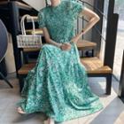 Floral Print Short-sleeve Maxi A-line Dress Green - One Size