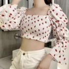 Strawberry Print Bell-sleeve Cropped Blouse