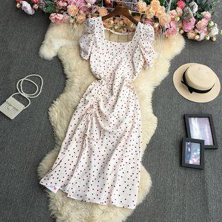 Puff-sleeve Dotted Drawstring Midi A-line Dress