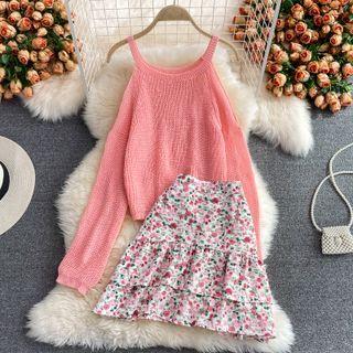 Set: Long Sleeve Cold Shoulder Knit Top + Floral Print Skirt