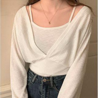 Set: Long-sleeve V-neck T-shirt + Camisole Top