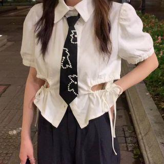 Set: Short-sleeve Cutout Blouse + Tie