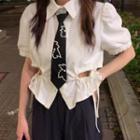 Set: Short-sleeve Cutout Blouse + Tie