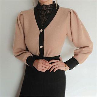 Lace-layered Contrast-trim Knit Top