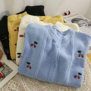 Cherry-embroidered Crew-neck Light Cardigan