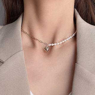 Heart Pendant Faux Pearl Necklace Ax262 - White & Gold - One Size
