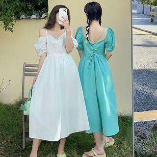 Cold-shoulder Lace Up Midi A-line Dress