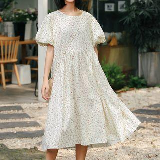 Short-sleeve Floral-print Midi A-line Dress As Shown In Figure - One Size
