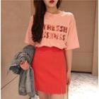 Set: Elbow-sleeve Sequined Letter T-shirt + Mini Pencil Skirt