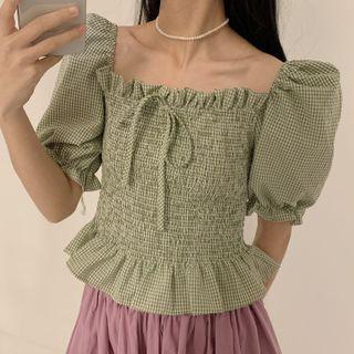 Puff-sleeve Ruffle-trim Gingham Blouse / Plain Midi A-line Skirt