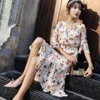Bell Elbow Sleeve V-neck Floral Print Wrapped Dress