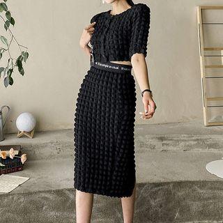 Set: Short-sleeve Textured Top + Skirt
