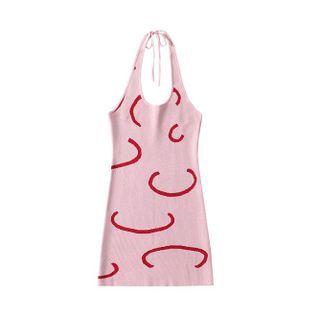 Halter-neck Printed Knit Dress Pink - One Size