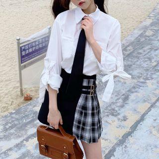 Plain Shirt / Necktie / Plaid Panel Mini A-line Skirt / Set