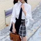 Plain Shirt / Necktie / Plaid Panel Mini A-line Skirt / Set