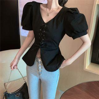 Puff-sleeve V-neck Lace-up Blouse