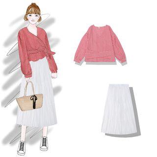 Long-sleeve Checker Wrap Top / A-line Midi Skirt