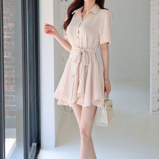 Short-sleeve Irregular Mini A-line Shirt Dress