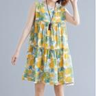 Sleeveless Tropical Print A-line Dress