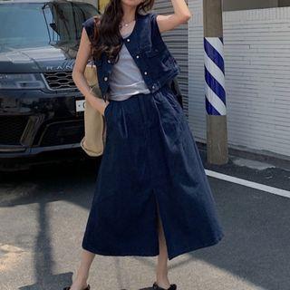 Denim Cropped Vest / Midi A-line Skirt
