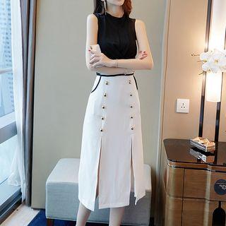 Set: Sleeveless Twisted Crop Top + Split Hem Midi A-line Skirt