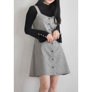Sleeveless Buttoned Glen-plaid A-line Dress