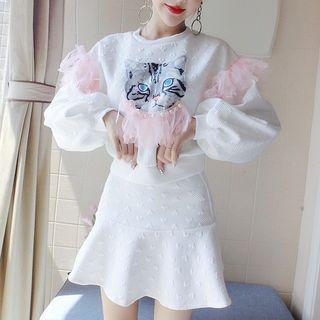 Set: Cat Applique Pullover + A-line Skirt