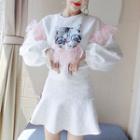 Set: Cat Applique Pullover + A-line Skirt