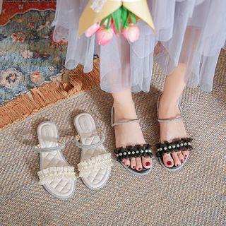 Mesh Ruffled Faux Pearl Flat Sandals