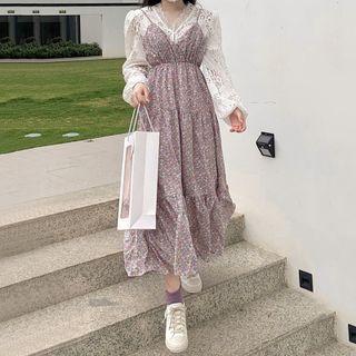 Long-sleeve Lace Top / Spaghetti Strap Floral Print Midi A-line Dress