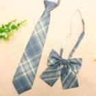 Set: Plaid Neck Tie + Bow Tie Jk050 - Set Of 2 - Neck Tie & Bow Tie - Grayish Blue - One Size