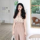 Sleeveless V-neck Lace Top / Crinkle Wide-leg Pants