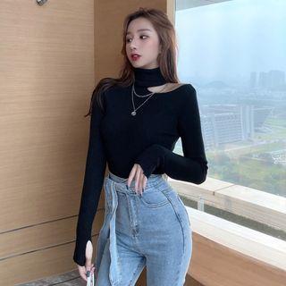 Mock Neck Long-sleeve Cutout Plain Knit Top