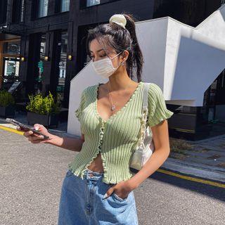 Short-sleeve Lettuce-edge Ribbed Cardigan