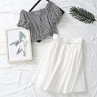 Set: Short-sleeve Striped Top + Plain Skirt