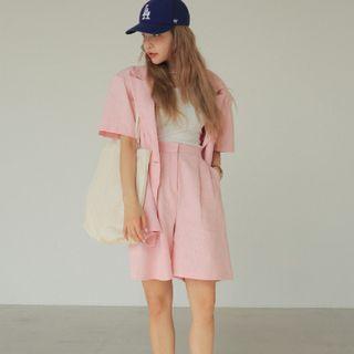 Set: Short-sleeve Belted Double-breasted Blazer + Shorts