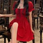 Puff-sleeve Square Neck Plain Mini A-line Dress