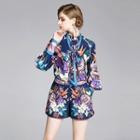 Set: Long-sleeve Tie-neck Shirt + Wide-leg Shorts