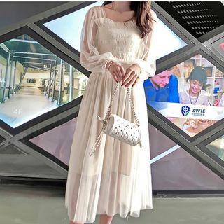 Set: Long-sleeve Smocked Midi A-line Mesh Dress + Slipdress
